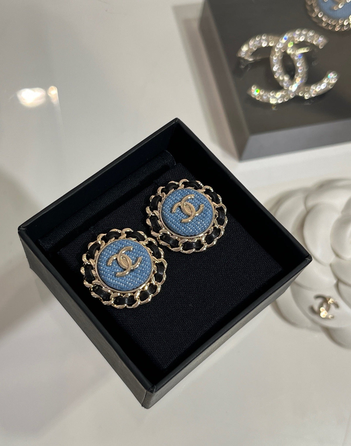 Chanel Gold Double C Leather-Threaded Chain Denim Round Stud Earrings